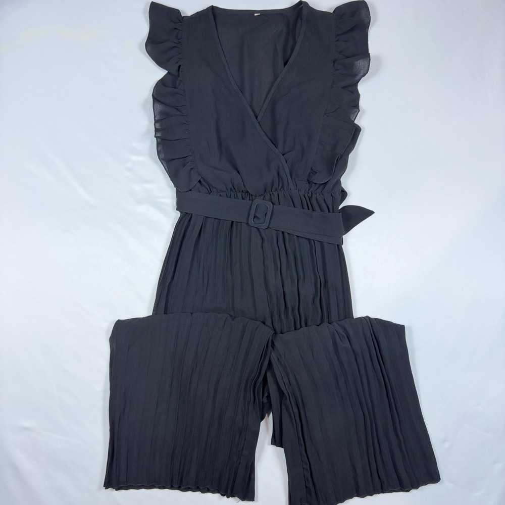 Unbranded Jumpsuit Womens S Black Pleated Wide Leg Ruffle Sleeve Belted